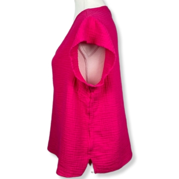 Three Dots Double Gauze Flutter Sleeve Top in Fushsia Size XL MSRP $138 W-538 - Picture 5 of 13